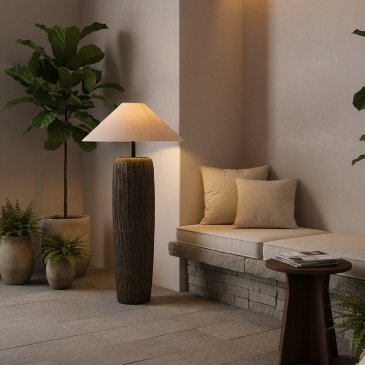 Elandor – Kopott fa állólámpa szöveternyővel