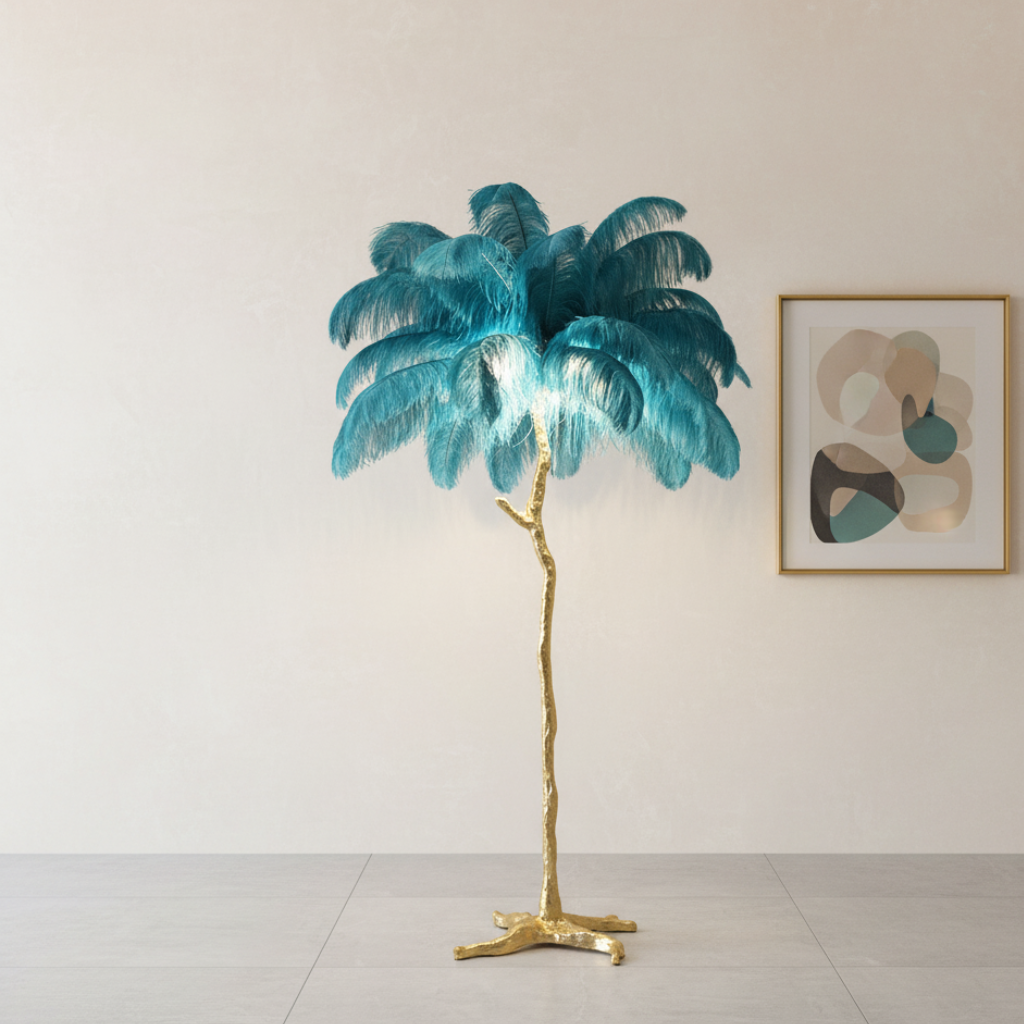 Seravelle – Lampada da terra a treppiede con paralume di piume