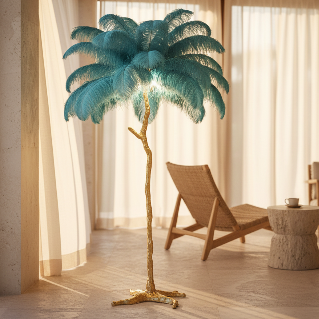 Seravelle – Lampada da terra a treppiede con paralume di piume
