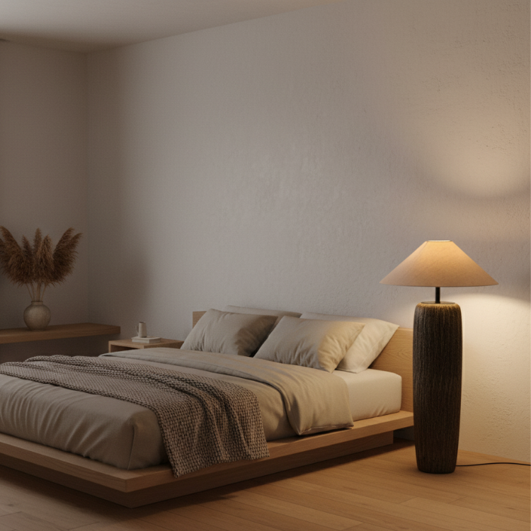 Elandor – Kopott fa állólámpa szöveternyővel