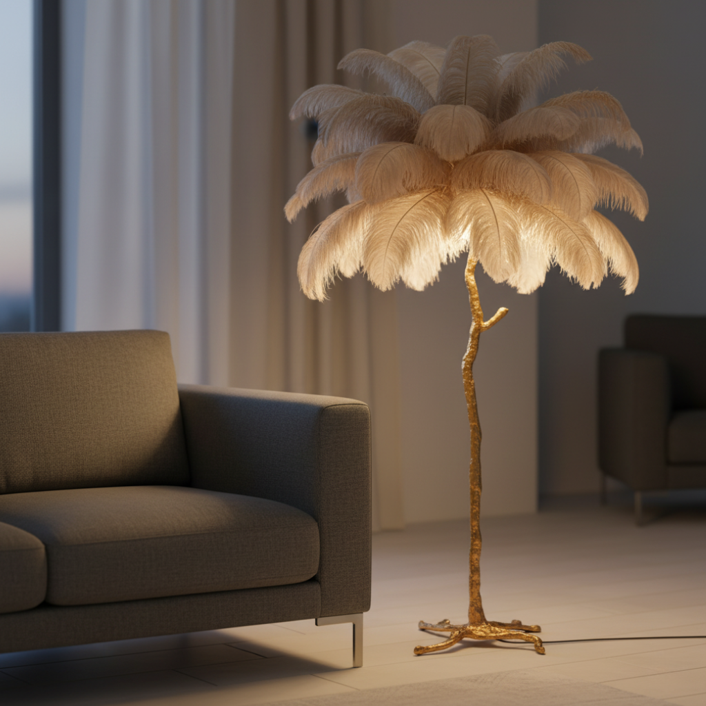 Seravelle – Lampada da terra a treppiede con paralume di piume