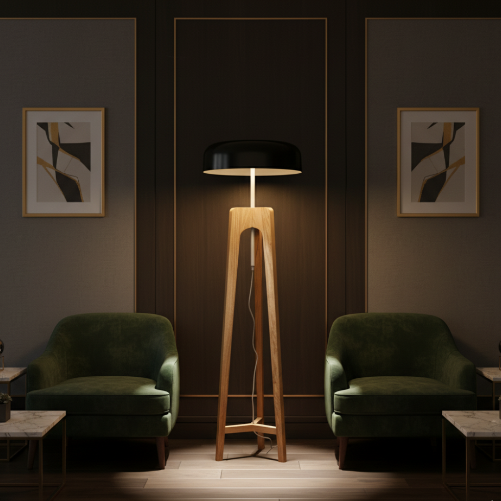 Thalorin – Lampada da terra moderna in legno con treppiede