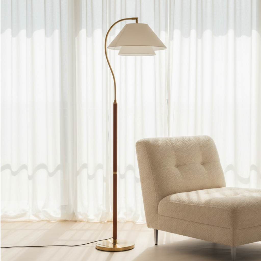Solavien - Elegáns arany íves állólámpa kétszintes szöveternyővel nappaliba
