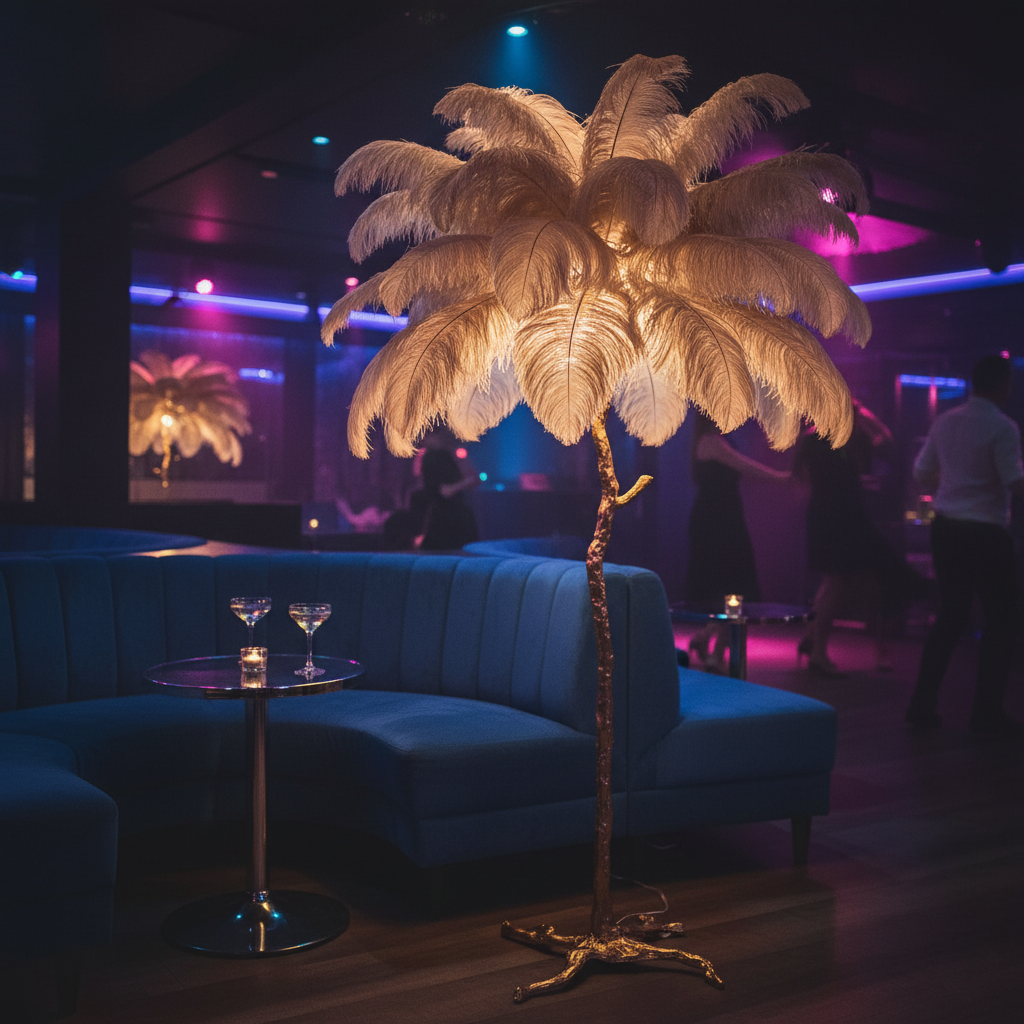 Seravelle – Lampada da terra a treppiede con paralume di piume