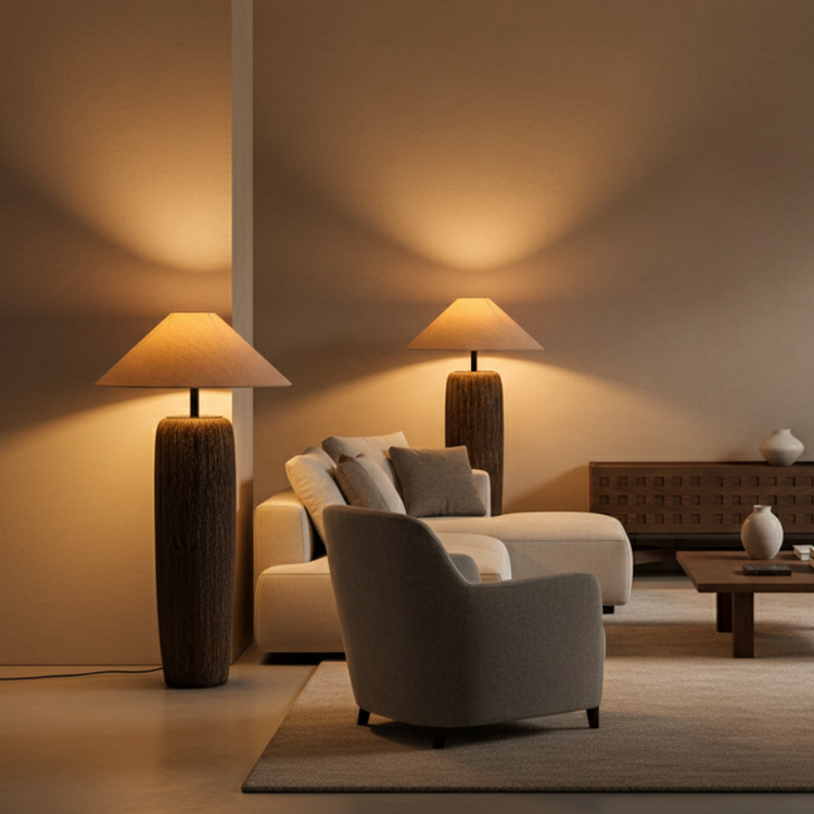 Elandor – Kopott fa állólámpa szöveternyővel