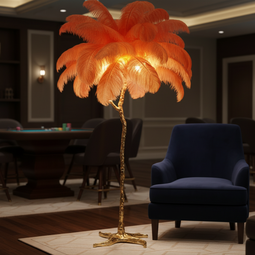 Seravelle – Lampada da terra a treppiede con paralume di piume