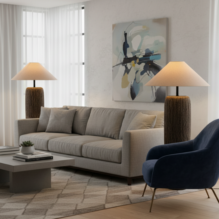 Elandor – Kopott fa állólámpa szöveternyővel