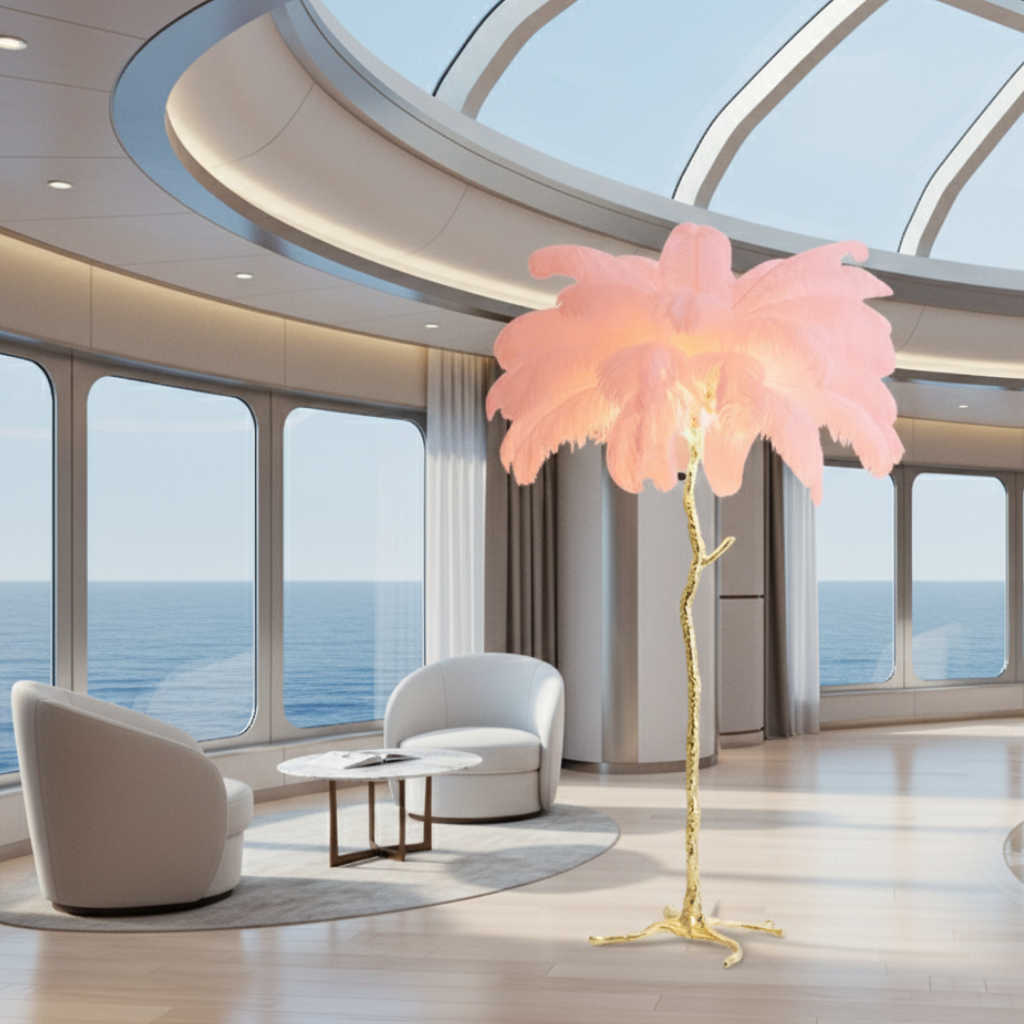 Seravelle – Lampada da terra a treppiede con paralume di piume