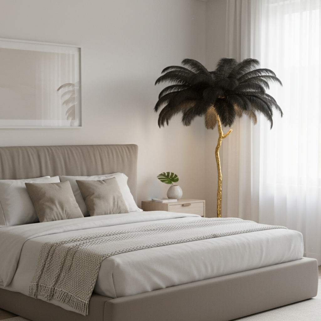 Seravelle – Lampada da terra a treppiede con paralume di piume