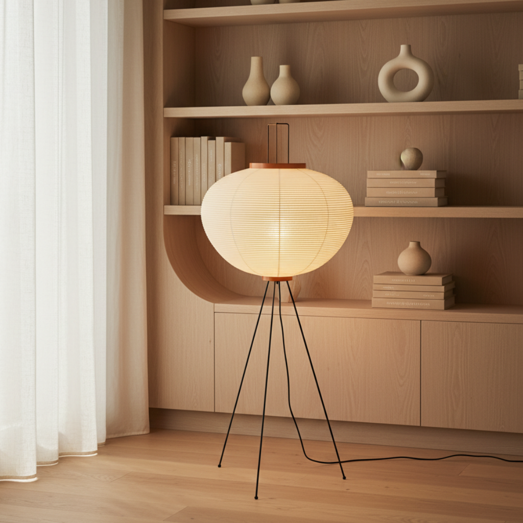 Azuren - Moderne enkel gulvlampe med trefod og skærm af morbærpapir
