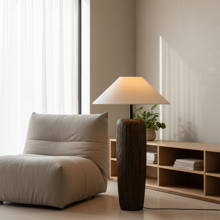 Elandor – Gulvlampe i vejrslidt træ med stofskærm