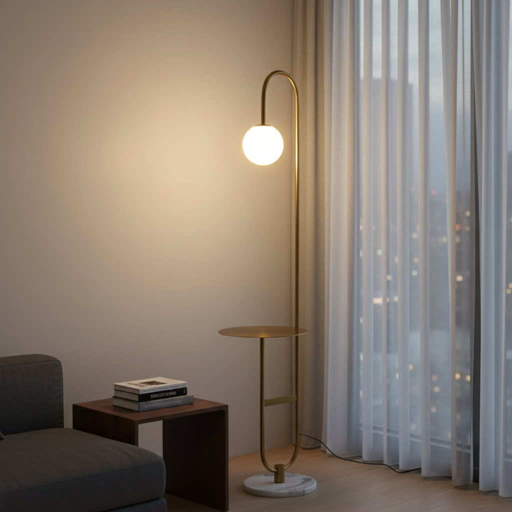 Velmari – Skandináv íves állólámpa oldalsó asztallal