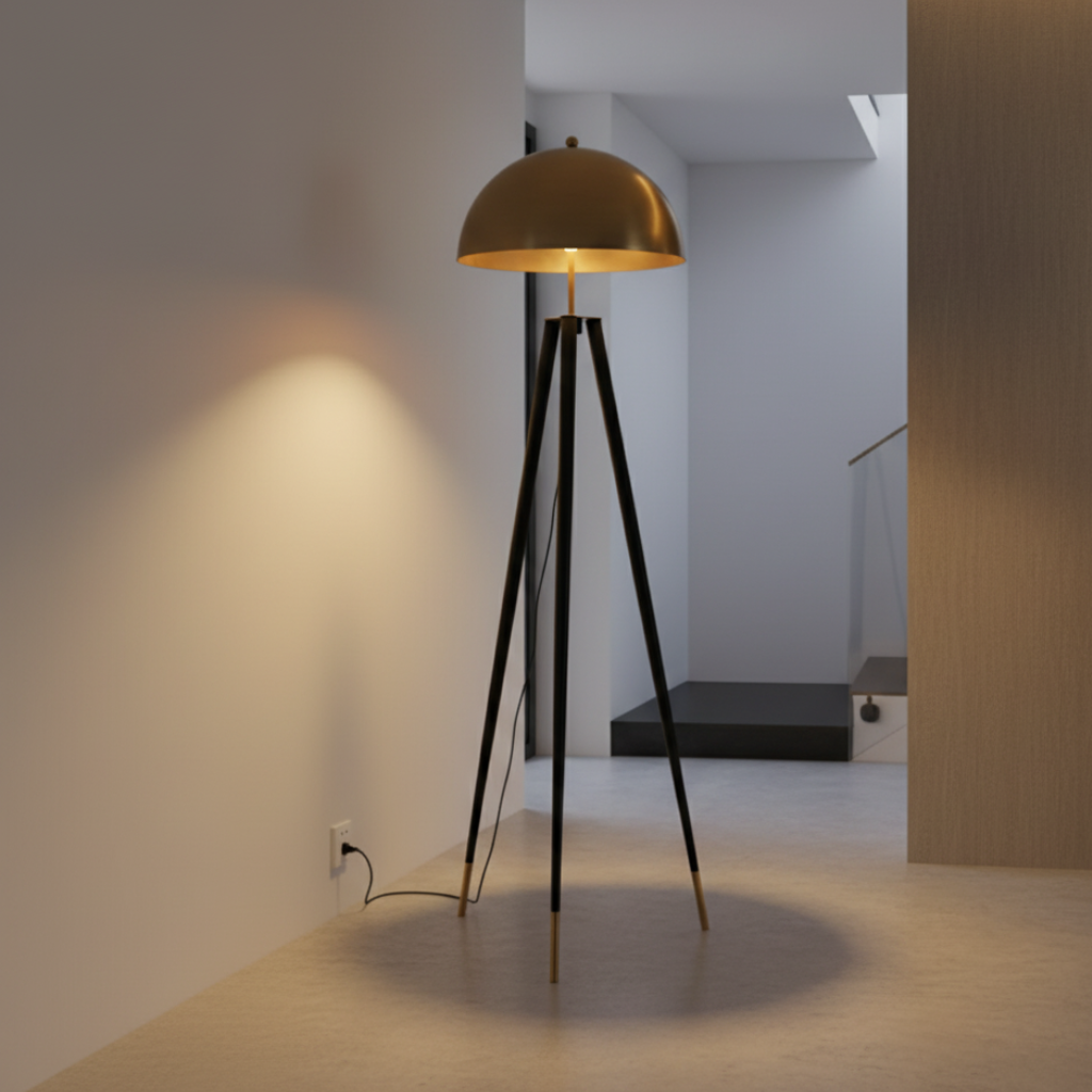 Virellor – Elegant guldtrefodsgulvlampe