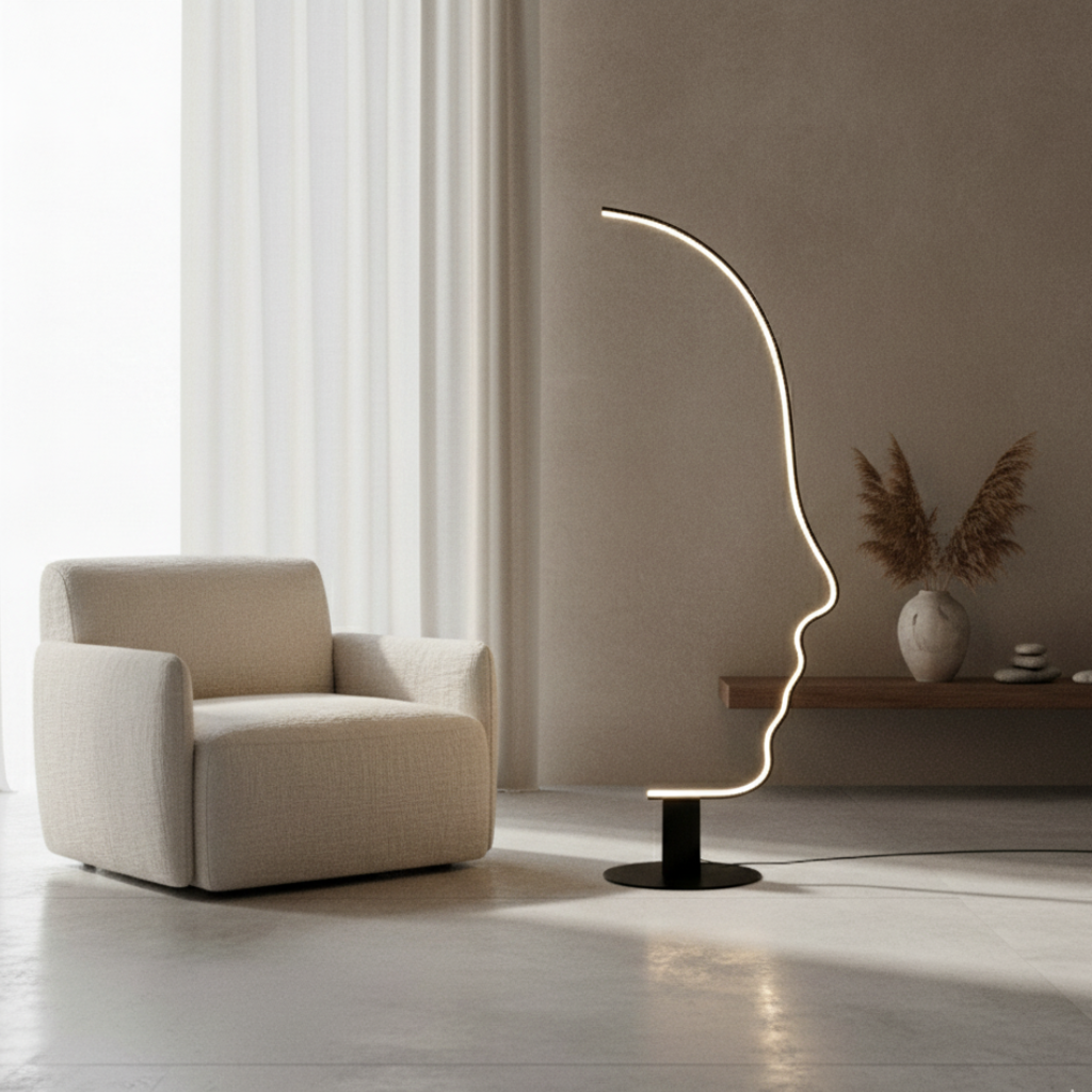 Valmira – Arc-gulvlampe med silhuet af menneskeansigt