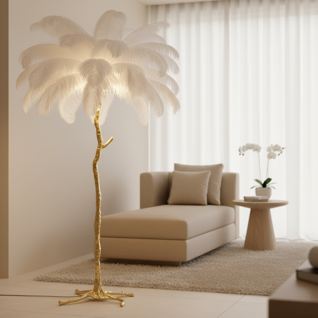 Seravelle – Gulvlampe med fjerformet skærm på trefodsstativ