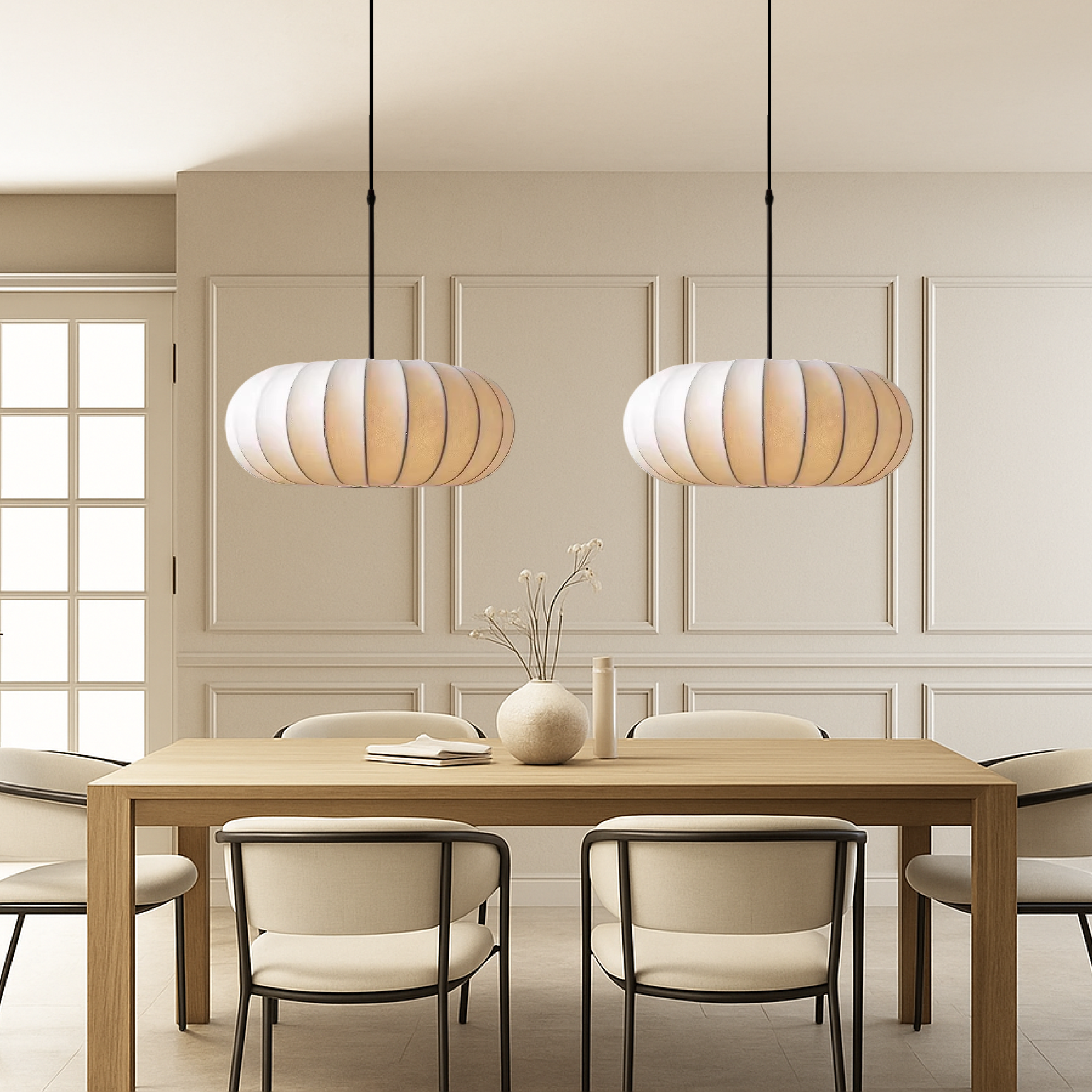 Dinam - Skandinávské oválné závěsné svítidlo s textilním stínidlem, jídelní lampa