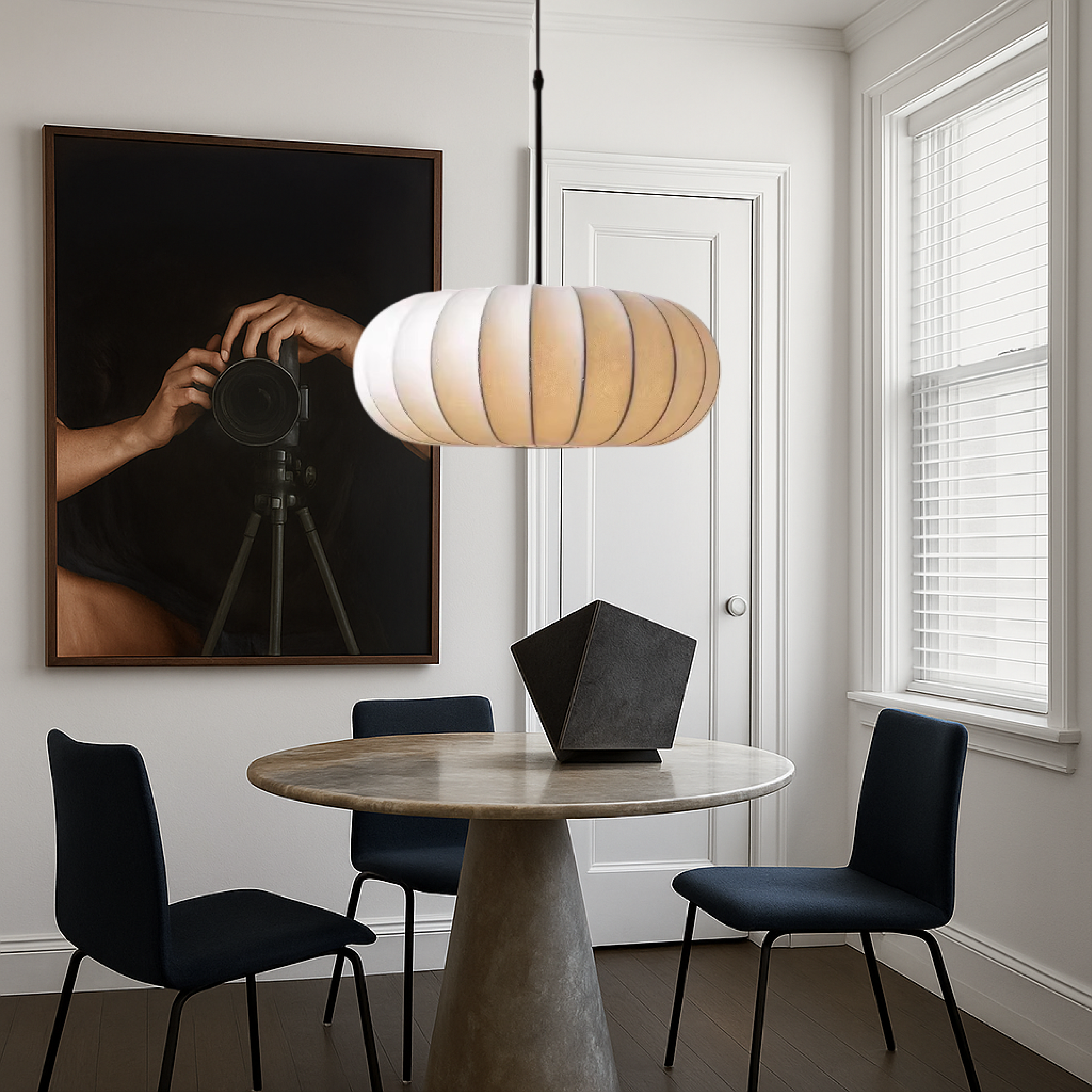 Dinam - Skandinávské oválné závěsné svítidlo s textilním stínidlem, jídelní lampa