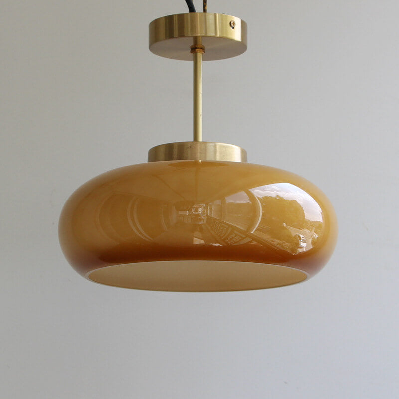 Valthera - Vintage mosadzný žltý sklenený polozápustný stropný luster