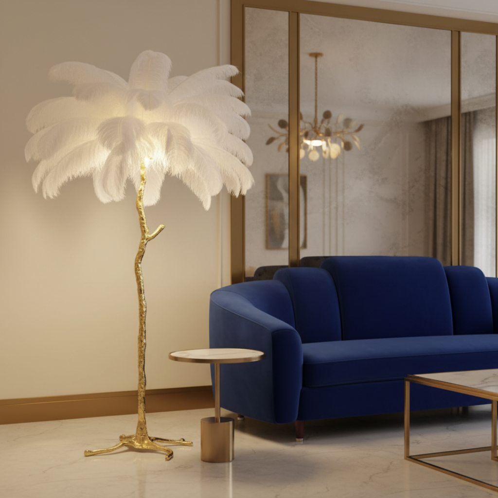 Seravelle – Lampada da terra a treppiede con paralume di piume