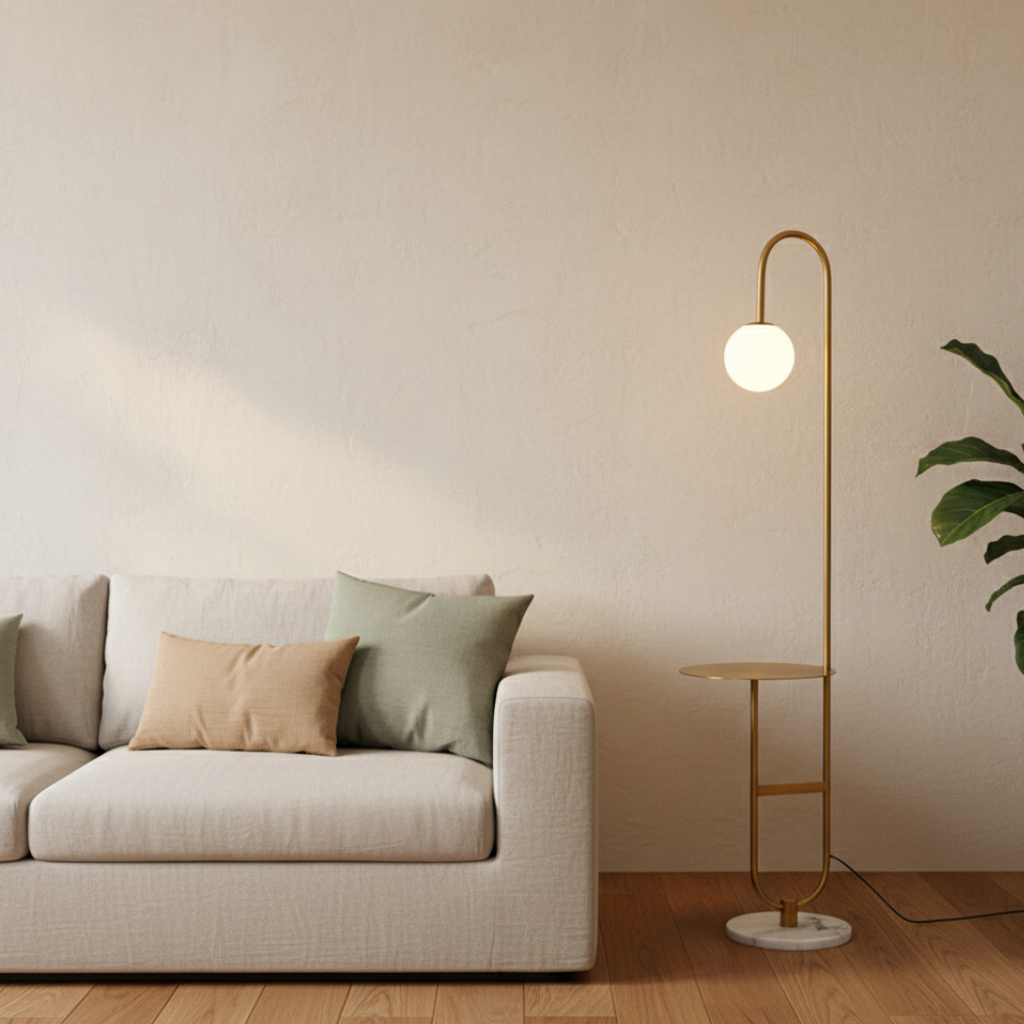 Velmari – Skandináv íves állólámpa oldalsó asztallal