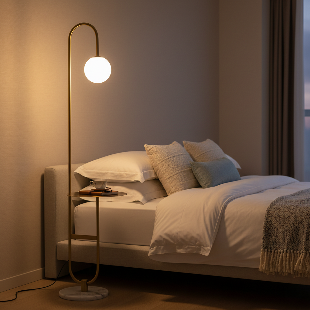 Velmari – Skandináv íves állólámpa oldalsó asztallal