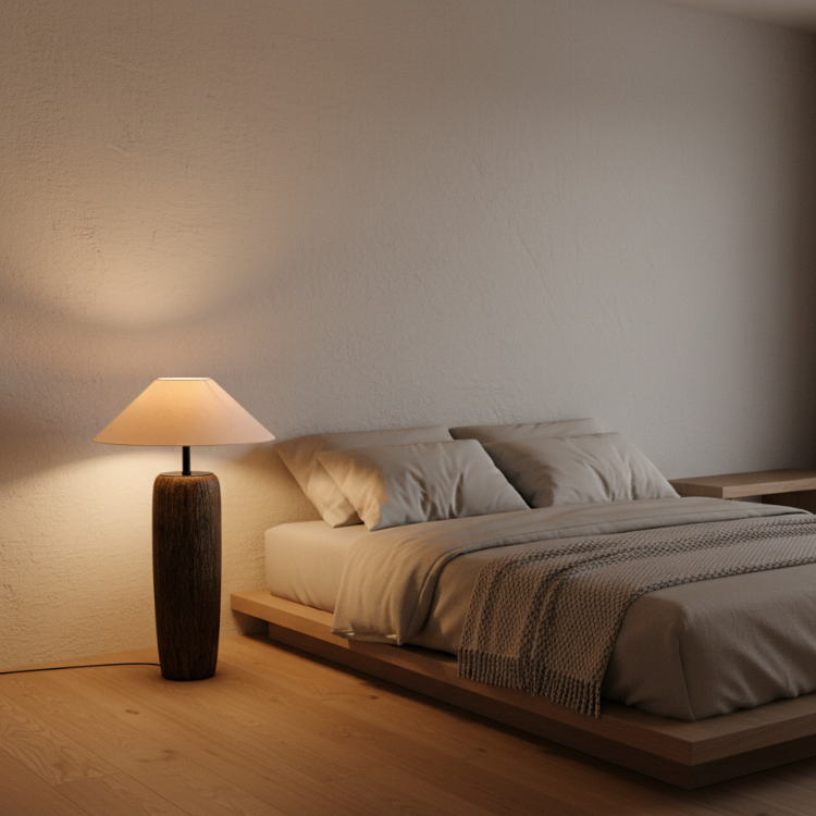 Elandor – Kopott fa állólámpa szöveternyővel