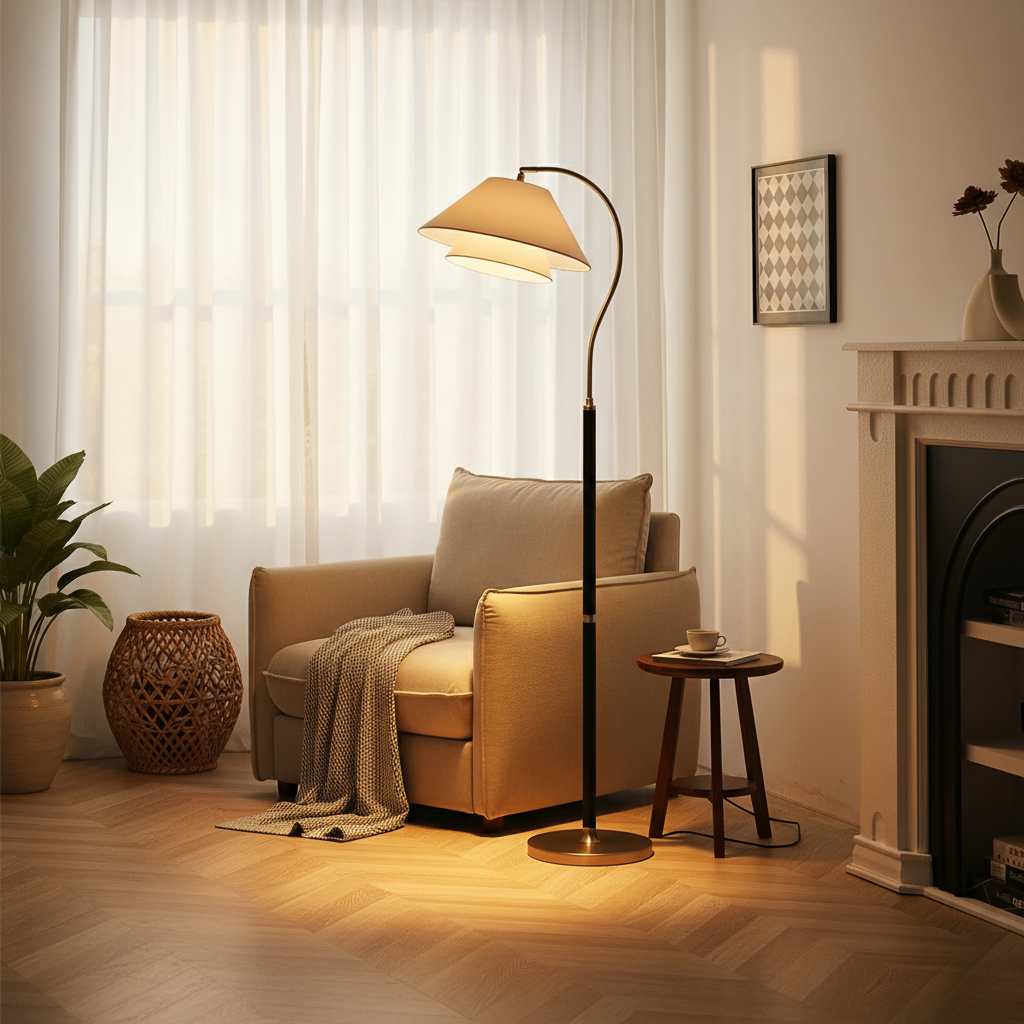 Solavien - Lámpara de pie elegante con arco dorado y pantalla de tela de dos niveles para sala de estar