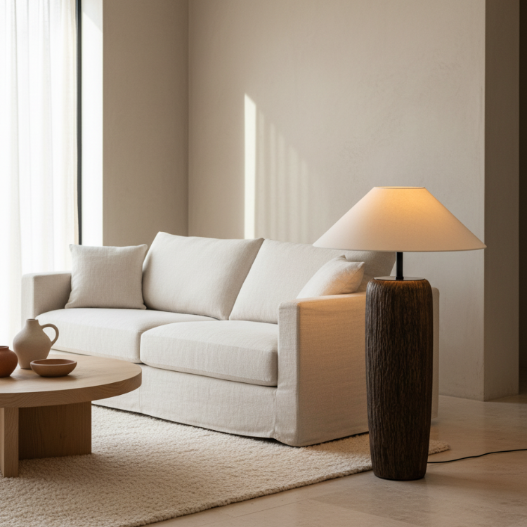 Elandor – Kopott fa állólámpa szöveternyővel