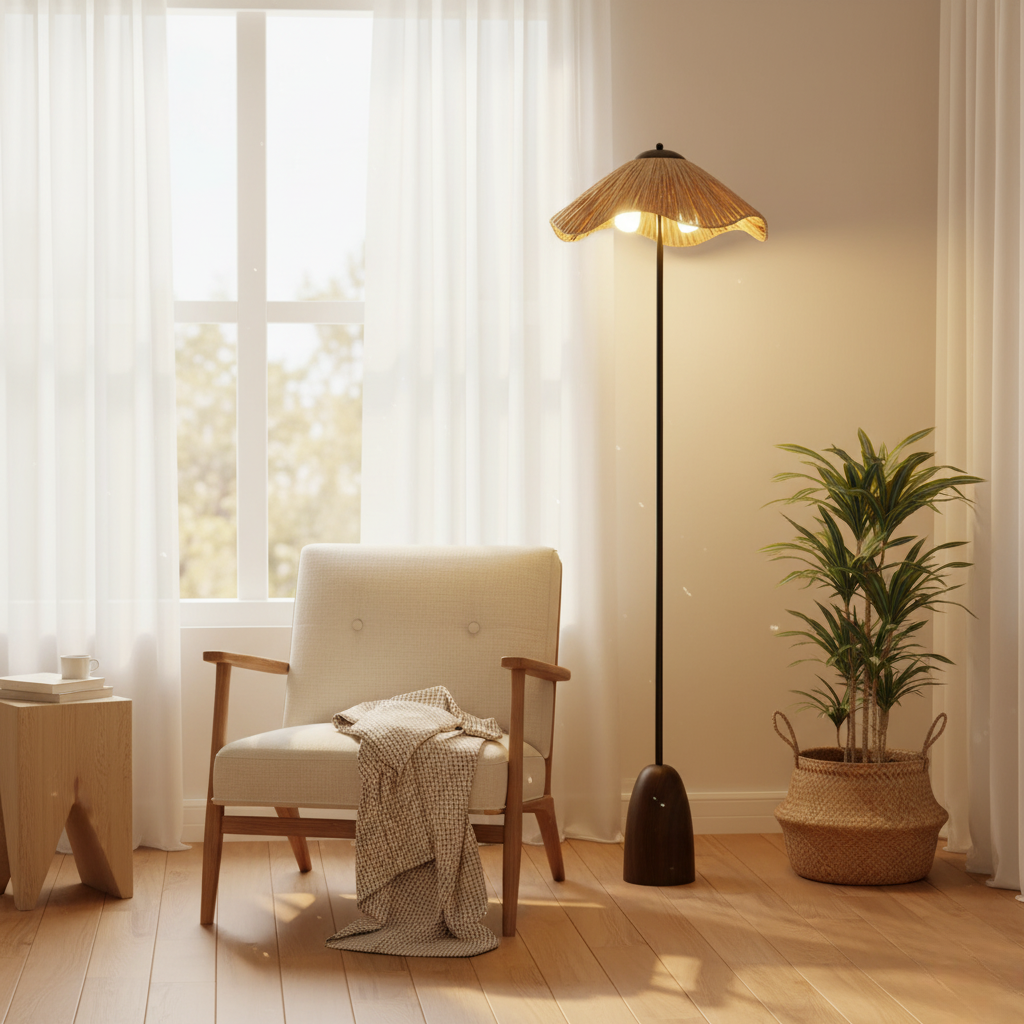 Ravari - Modern Rattan Floor Lamp with Hand-Woven Shade for Living Room