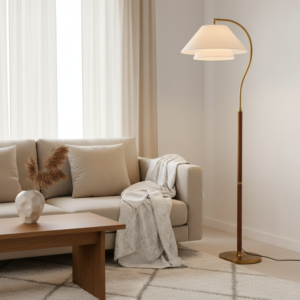 Solavien - Lámpara de pie elegante con arco dorado y pantalla de tela de dos niveles para sala de estar