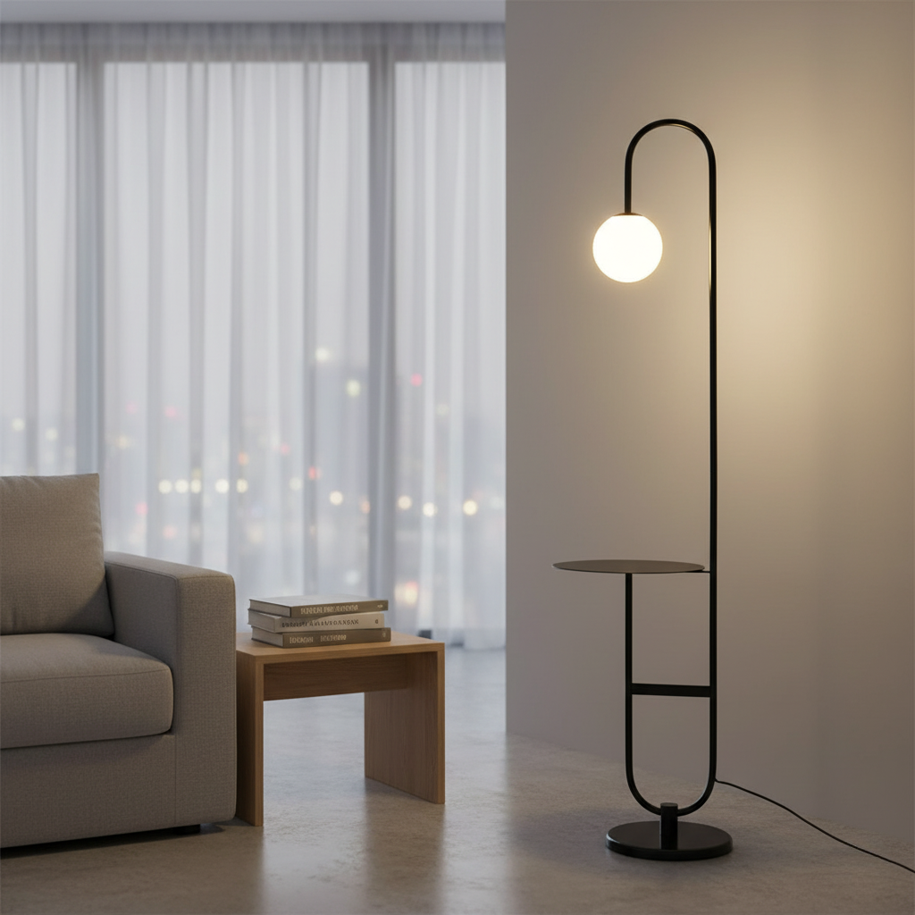 Velmari – Skandináv íves állólámpa oldalsó asztallal