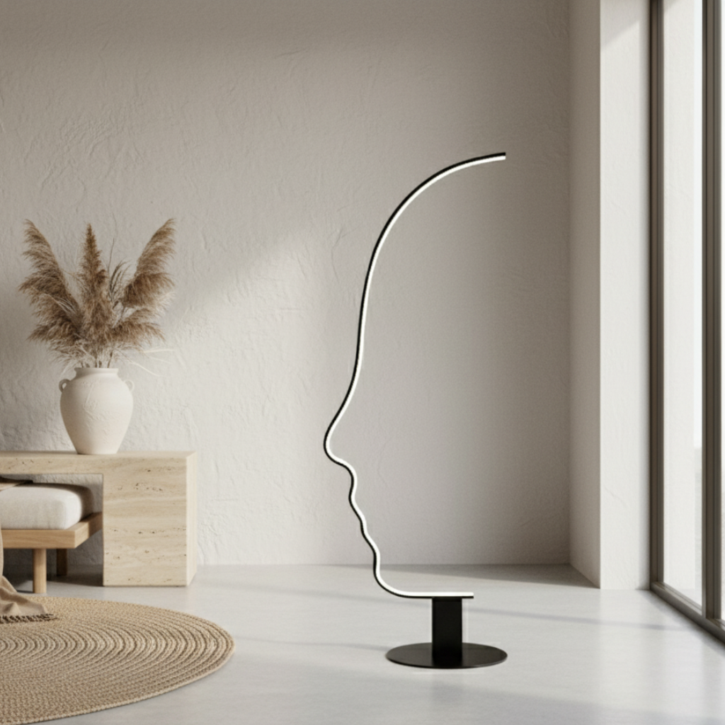 Valmira – Lampada da terra ad arco con design a silhouette di volto umano