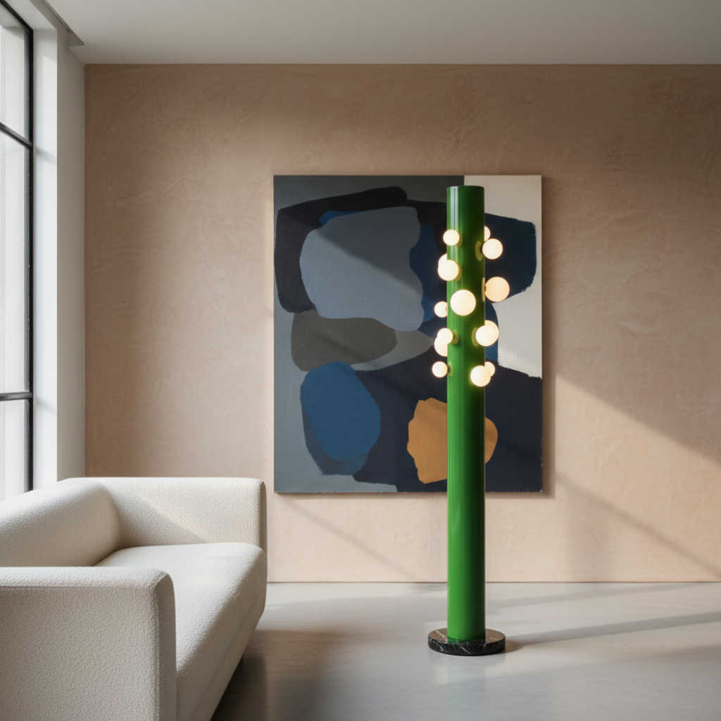 Mirevon - Divatos modern állólámpa zöld fém talppal és fehér búrával