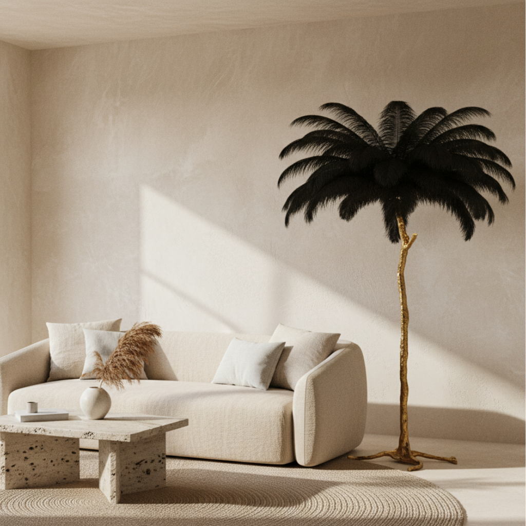 Seravelle – Lampada da terra a treppiede con paralume di piume