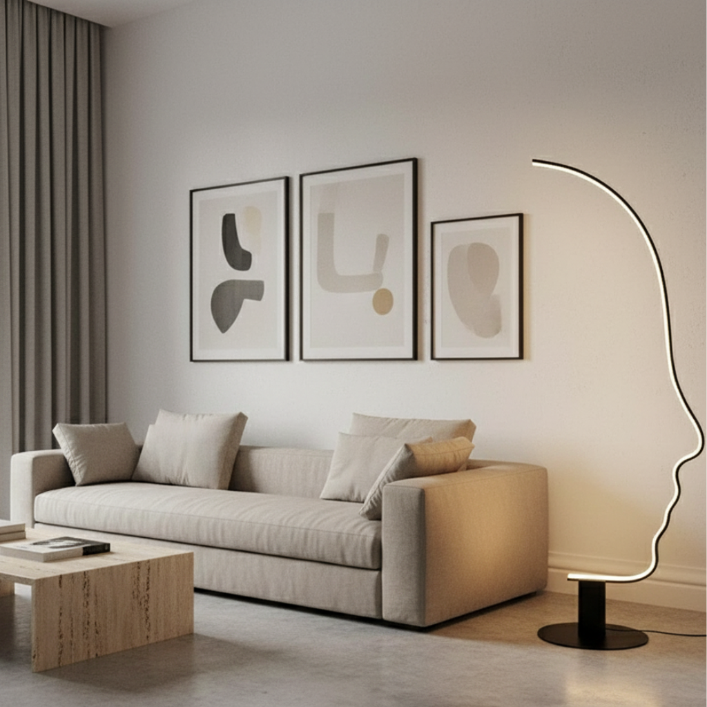 Valmira – Lampada da terra ad arco con design a silhouette di volto umano