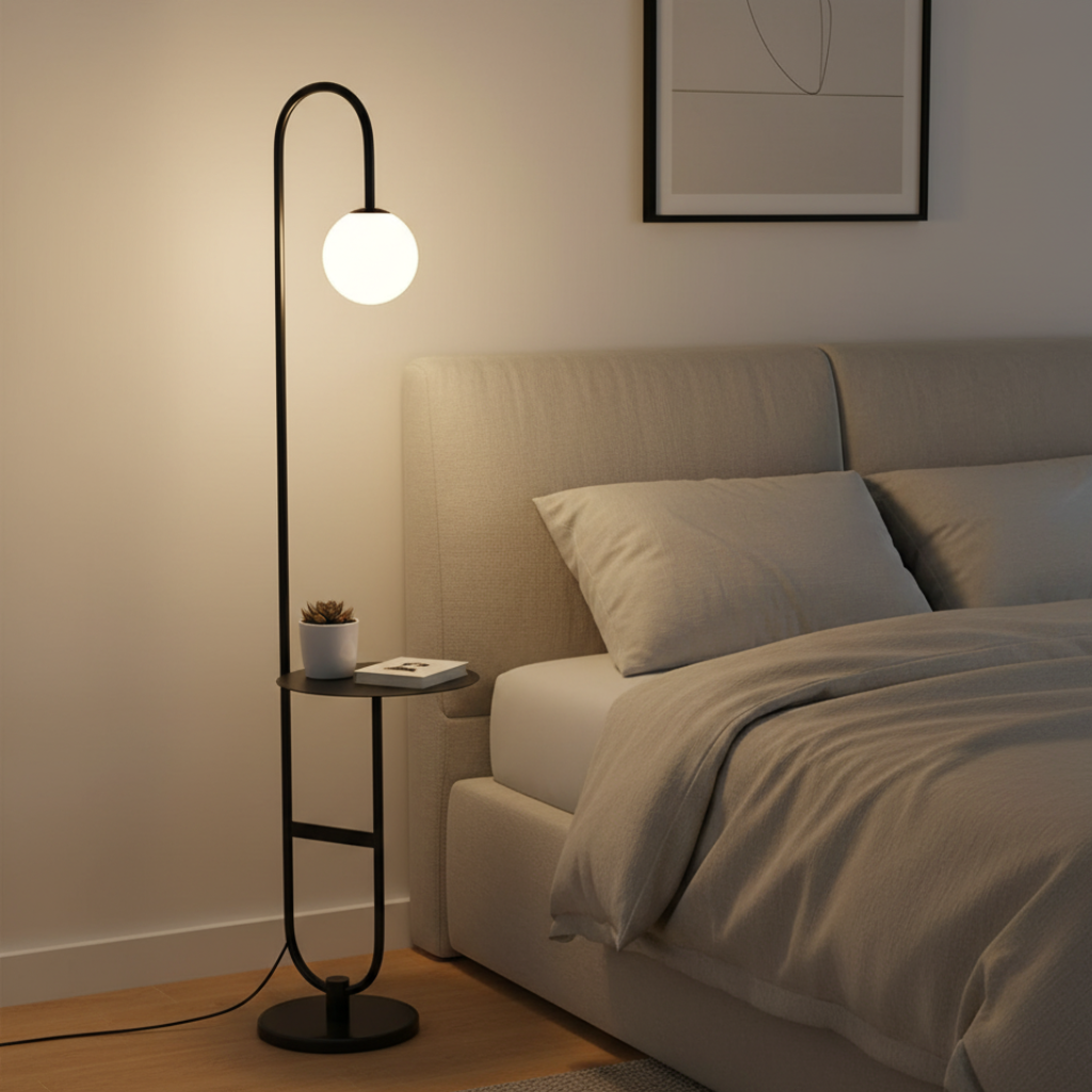 Velmari – Skandináv íves állólámpa oldalsó asztallal