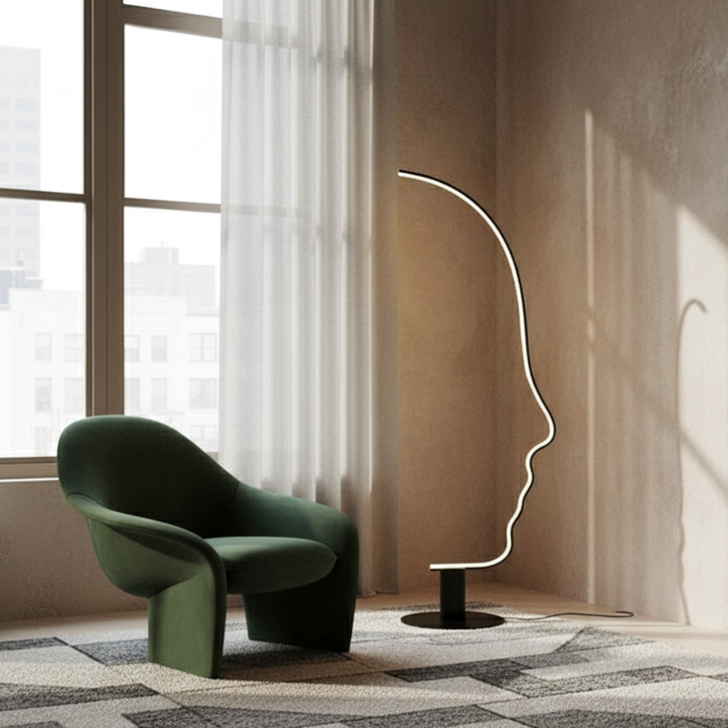 Valmira – Lampada da terra ad arco con design a silhouette di volto umano