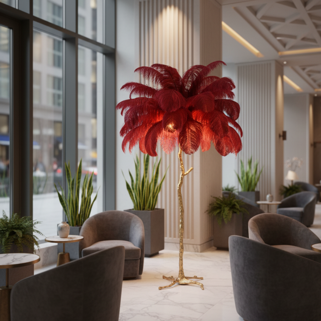 Seravelle – Lampada da terra a treppiede con paralume di piume