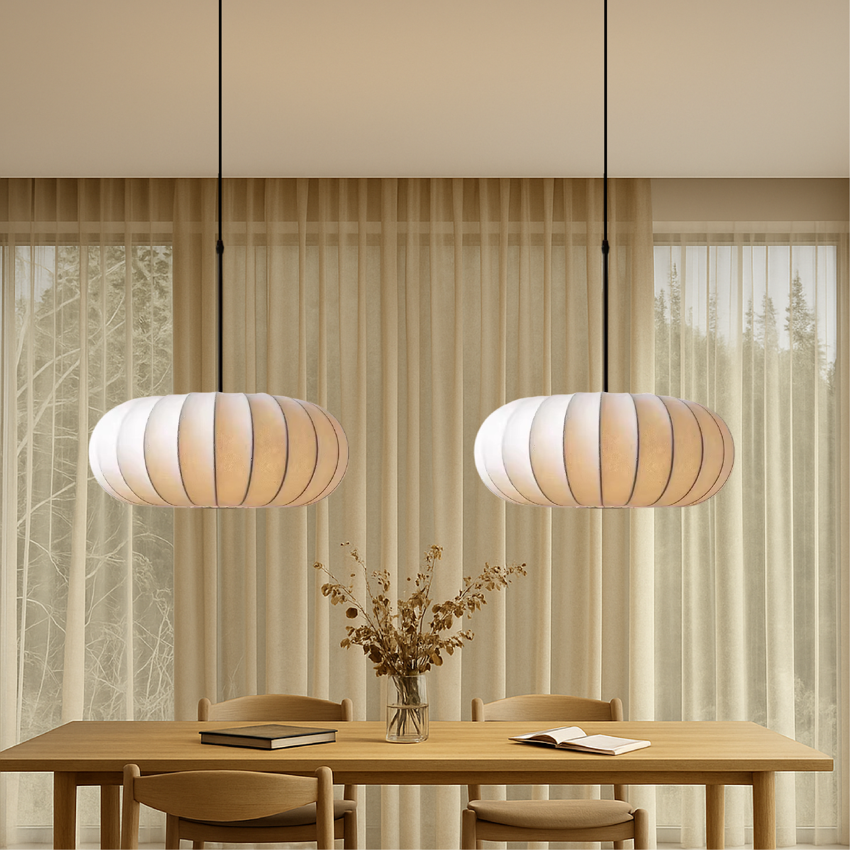 Dinam - Skandinávské oválné závěsné svítidlo s textilním stínidlem, jídelní lampa