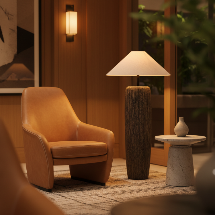 Elandor – Kopott fa állólámpa szöveternyővel