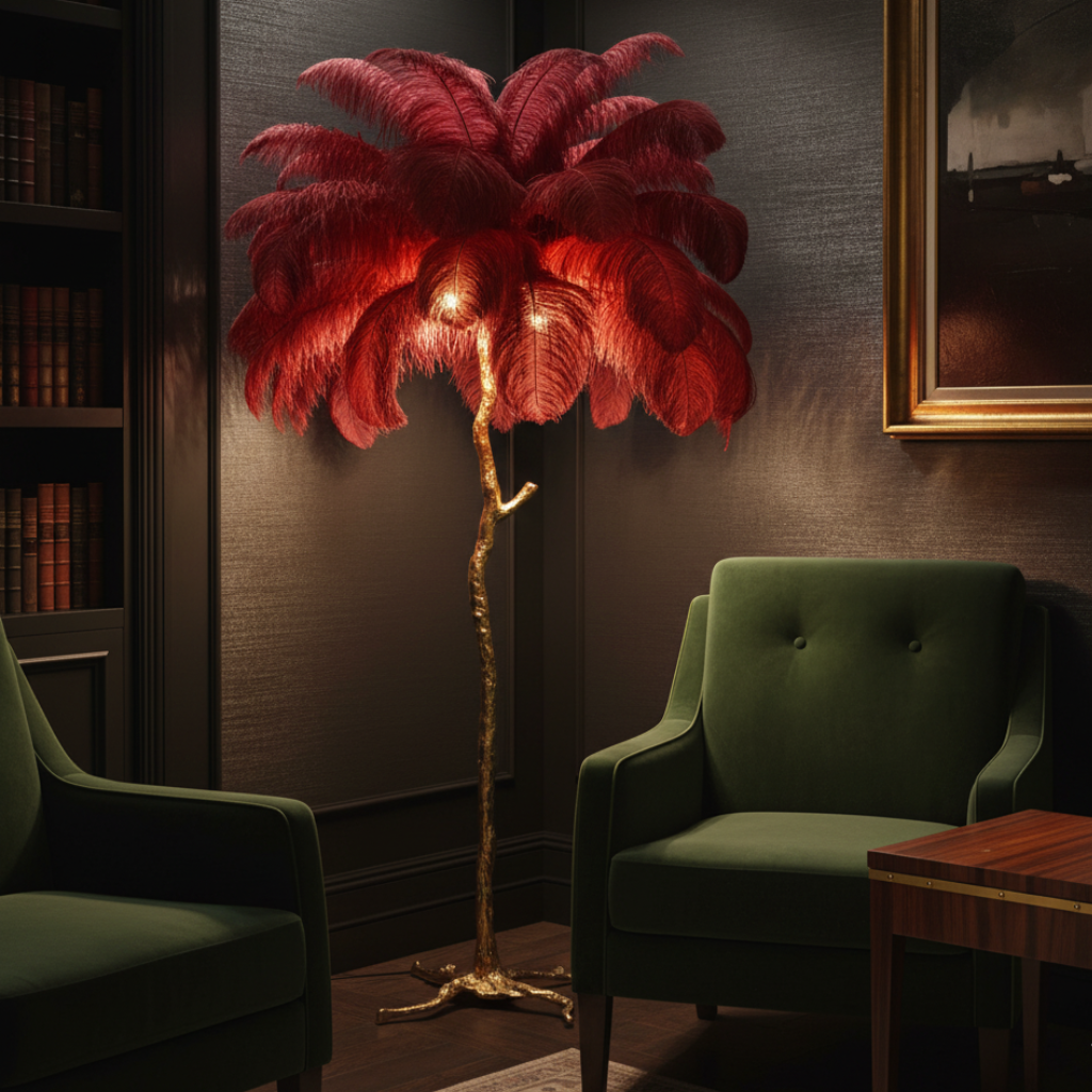 Seravelle – Lampada da terra a treppiede con paralume di piume