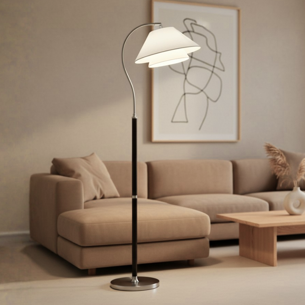 Solavien - Lámpara de pie elegante con arco dorado y pantalla de tela de dos niveles para sala de estar