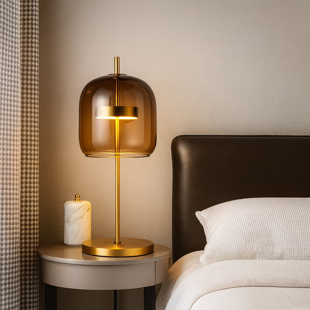 Aurelionn - Bordlampe med farvet glas, guldbelagt jernfod