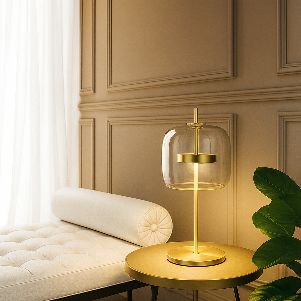 Aurelionn - Bordlampe med farvet glas, guldbelagt jernfod