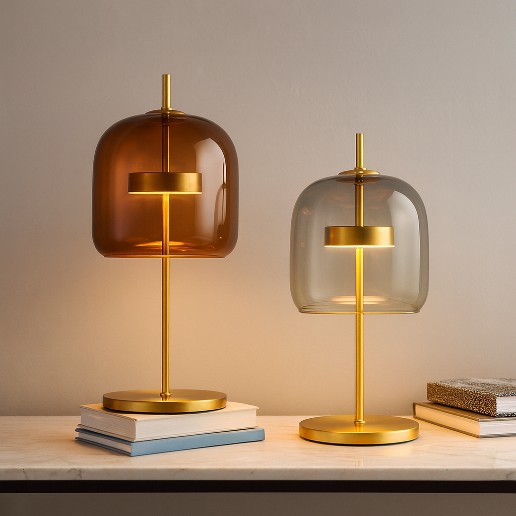 Aurelionn - Bordlampe med farvet glas, guldbelagt jernfod