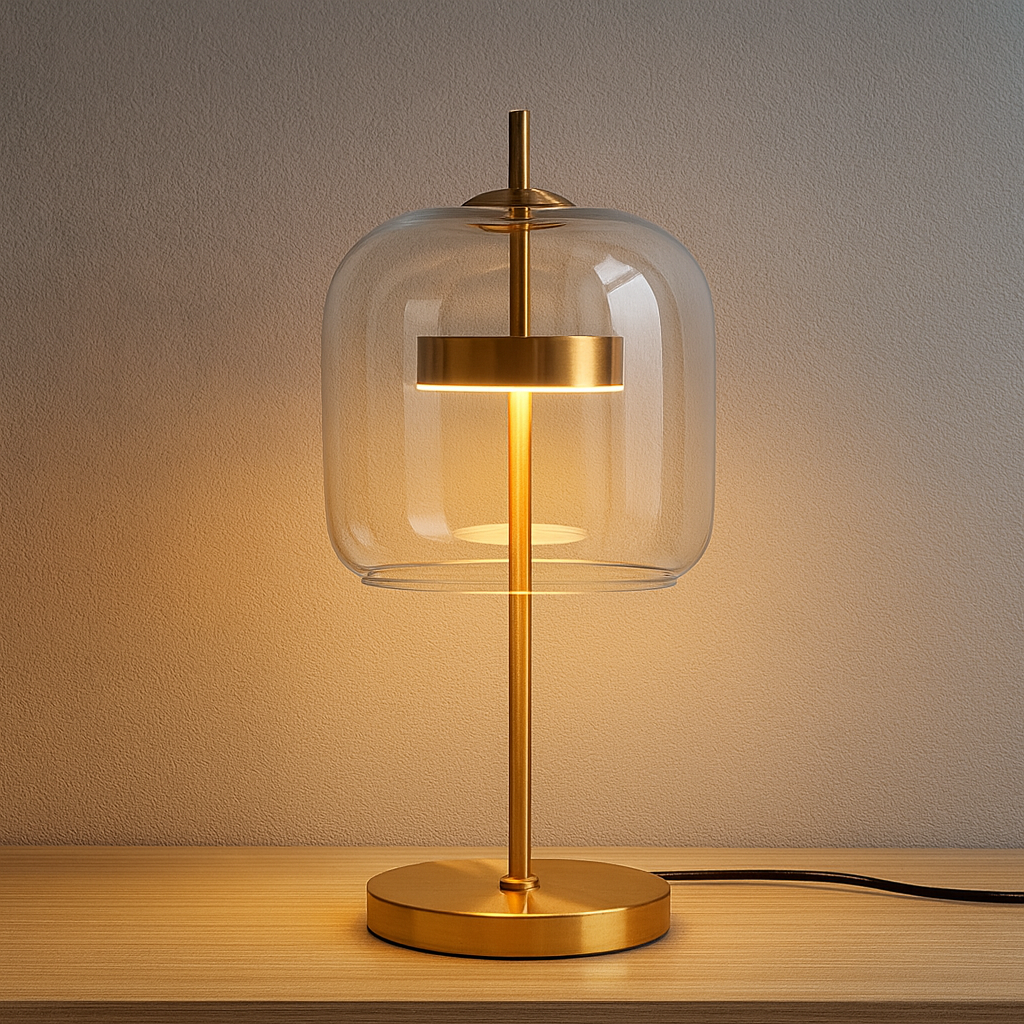 Aurelionn - Bordlampe med farvet glas, guldbelagt jernfod