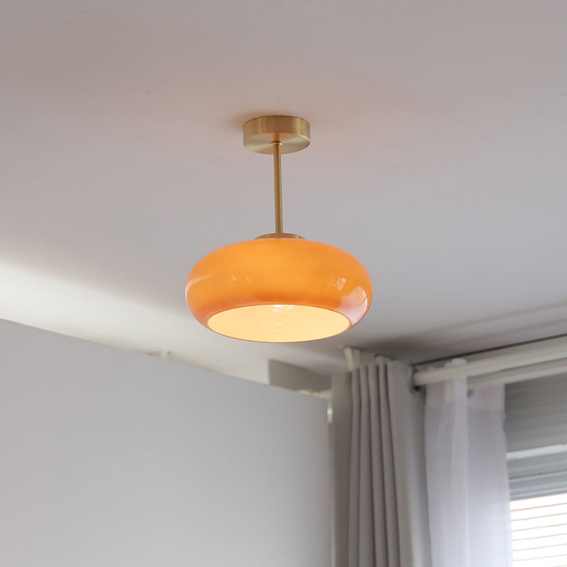 Valthera - Vintage mosadzný žltý sklenený polozápustný stropný luster