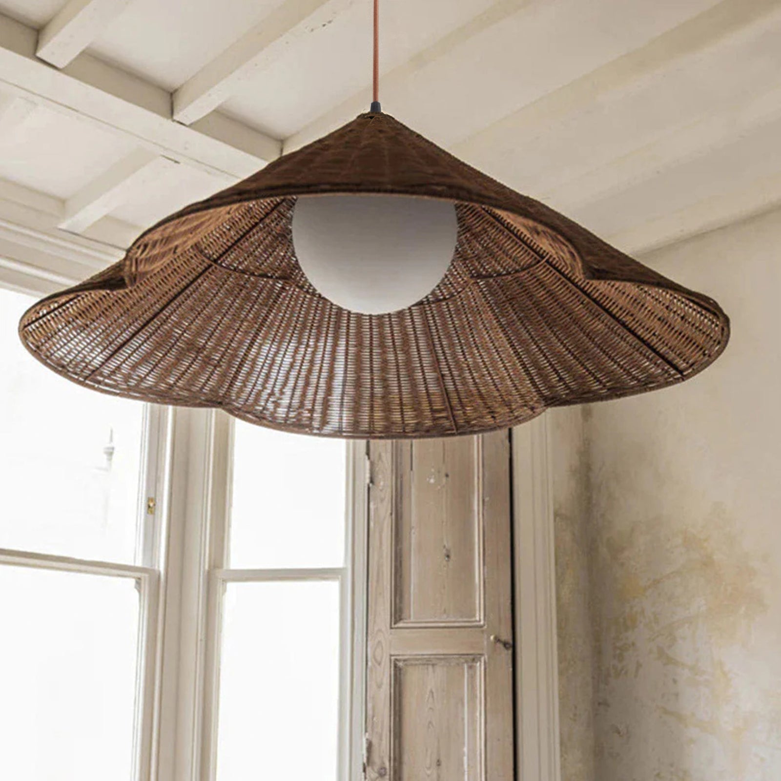 Calyran - Retro Scalloped Woven Rattan Pendant Light