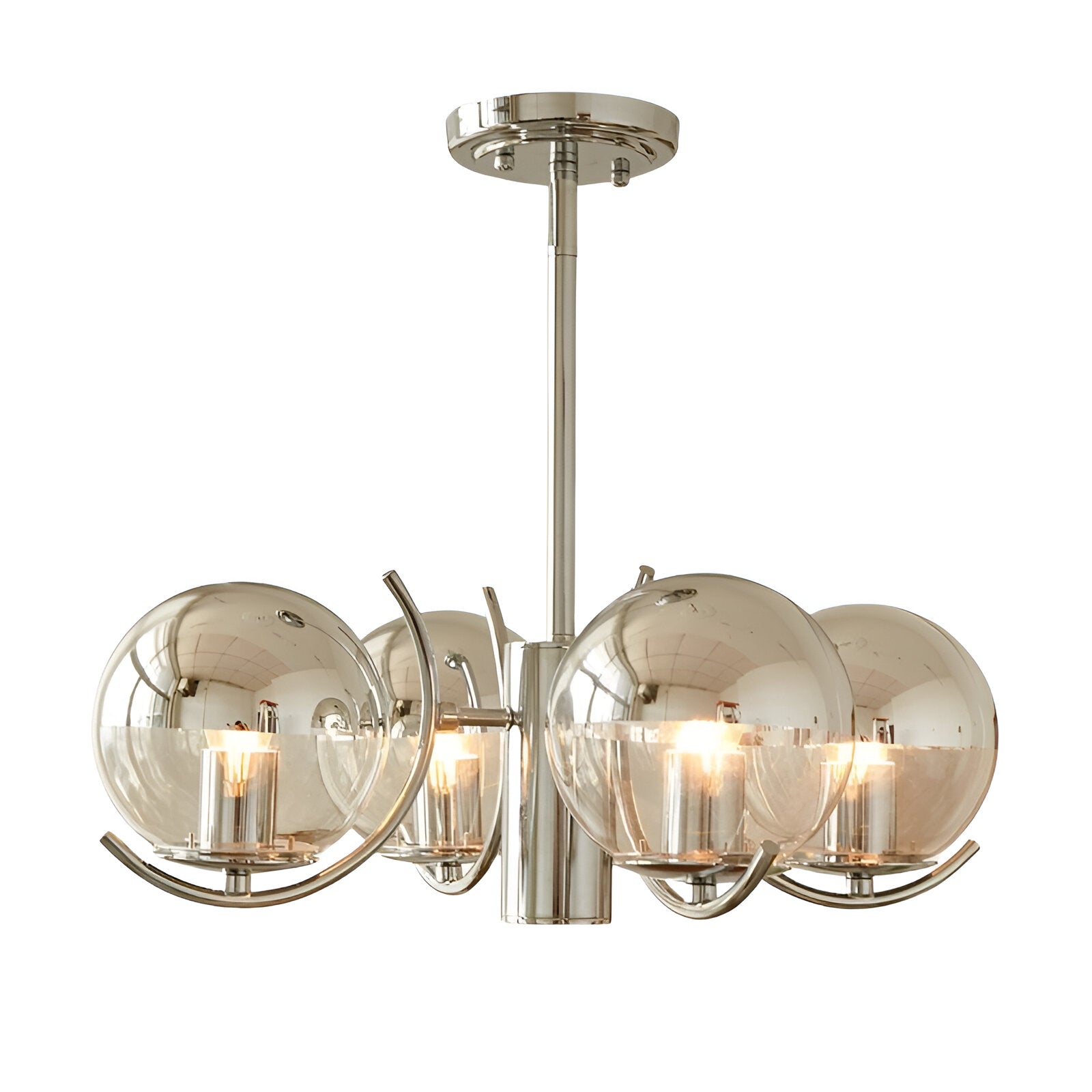 Chromeva- Lampadario rotondo in vetro cromato dallo stile retrò