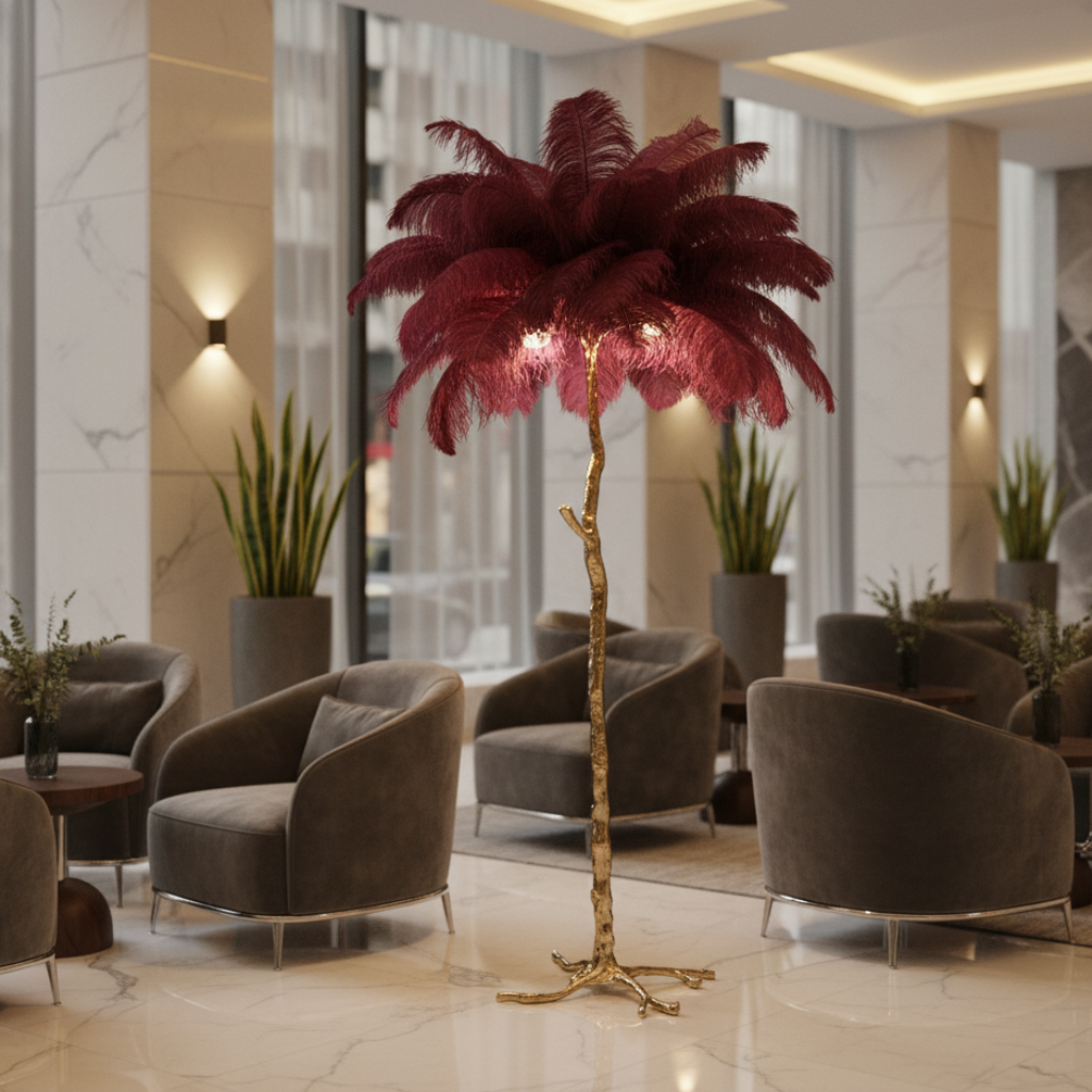 Seravelle – Lampada da terra a treppiede con paralume di piume